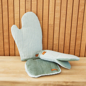 Set de cocina orgánico verde con manopla, guante y agarrador-verde