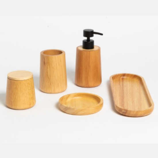 Conjunto de accesorios de baño madera roble con dispensador jabón negro-marrón