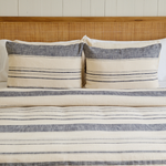 
                    
                      Cama con funda de edredón azul a rayas y dos almohadas decorativas-azul
                    
                  