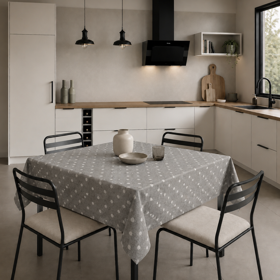 mantel gris con lunares blancos sobre mesa cuadrada en cocina nordica minimalista-gris