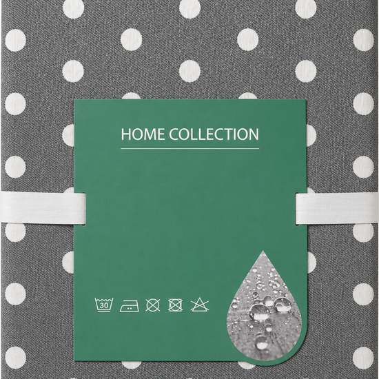 presentación de blanqueria del mantel gris con lunares blancos sobre mesa cuadrada en cocina nordica minimalista-gris