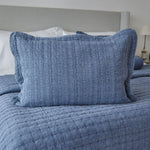 
                    
                      Funda de almohada azul texturizada sobre cama con cabecero gris-
                    
                  