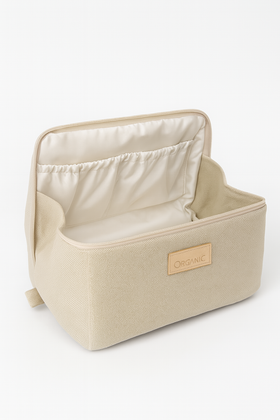 Bolsa de almacenamiento beige con etiqueta Organic y interior acolchado-