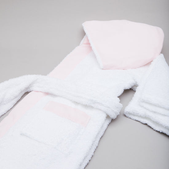 Bata de baño infantil blanca y rosa con capucha y mangas-rosa