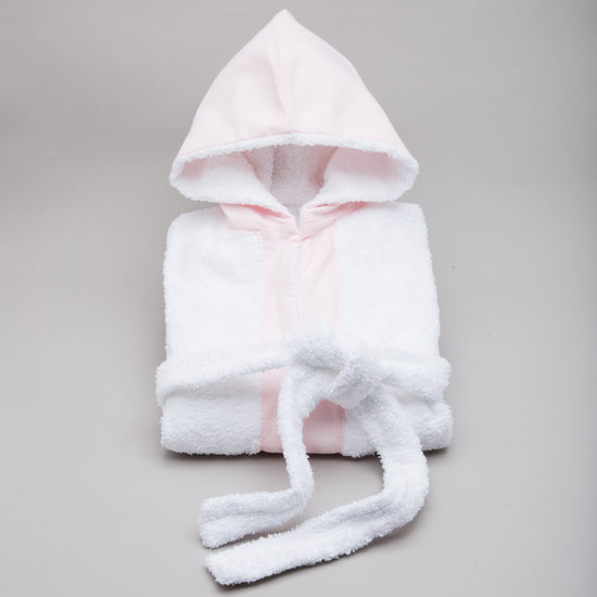 Bata de baño infantil blanca y rosa con capucha y cinturón-rosa