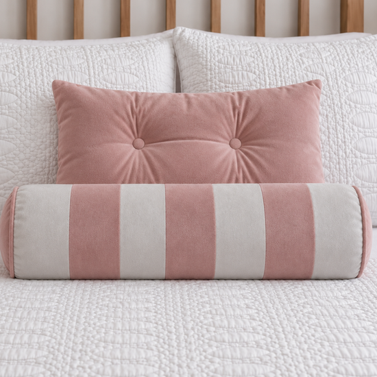 cojin decorativo cilíndrico  con funda lavable de tela de pana y almohadón cuadrado-ROSA