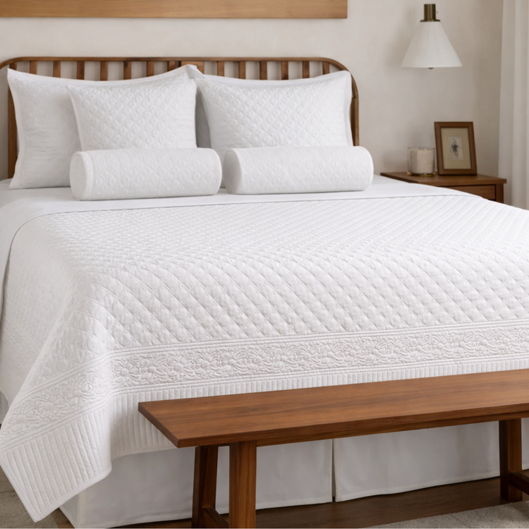Cubrecama blanco Berna sobre cama con almohadas a juego y banco de madera-blanco