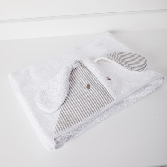 Toalla con capucha blanca diseño perro rayas grises para bebé-