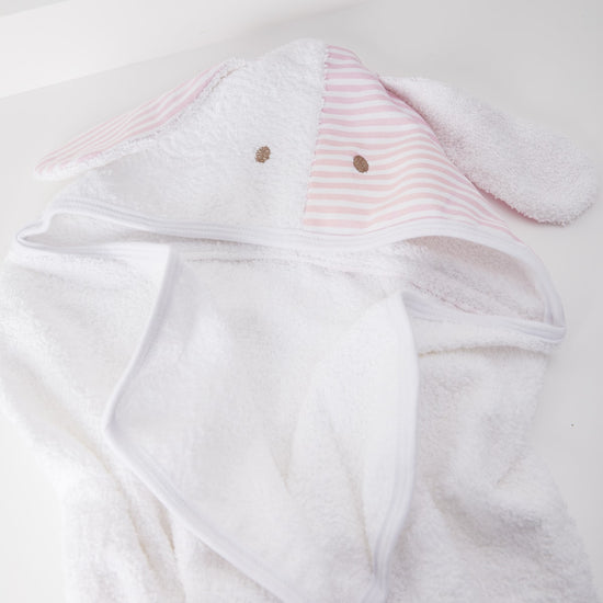 Toalla con capucha blanca y rosa a rayas para bebé con forma de perro-