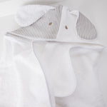 
                    
                      Toalla con capucha infantil diseño perro blanco gris rayas-
                    
                  