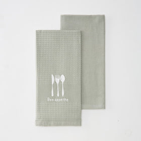 Set de dos repasadores verdes con diseño de cubiertos y texto Bon appetit-verde