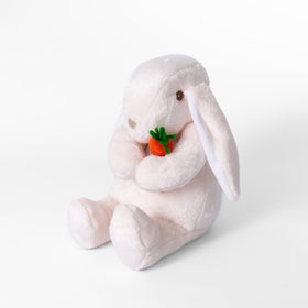 Peluche blanco de conejo sosteniendo una fresa en sus patas-natural