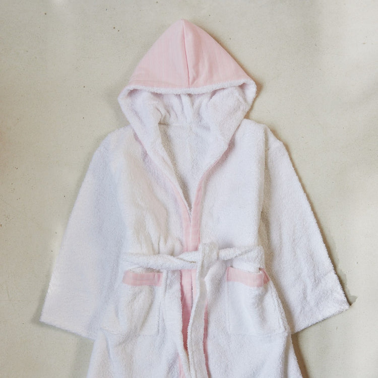 Bata de baño infantil blanca y rosa con capucha y cinturón-rosa