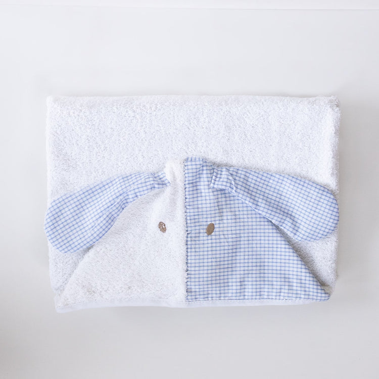 Toalla con capucha blanca con orejas a cuadros azules para bebé-