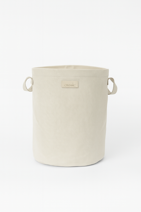 Contenedor cilíndrico beige de tela con asas y etiqueta orgánica-natural