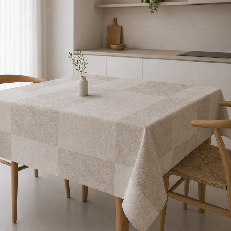 mantel de cocina español sobre mesa cuadra de calidad española-beige