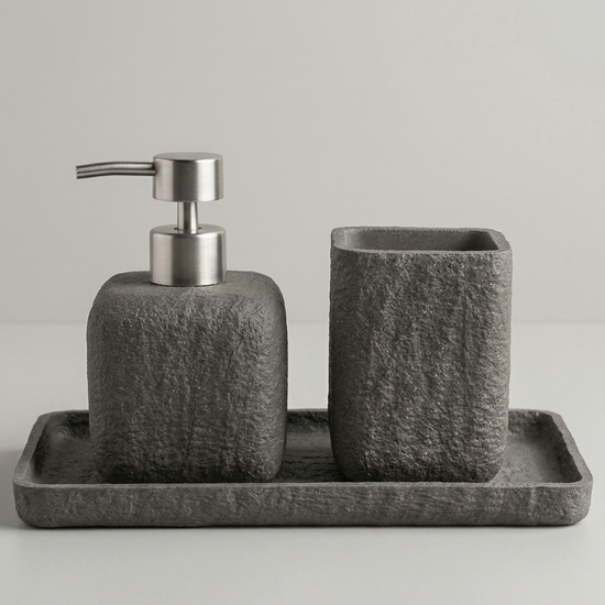 Conjunto de baño gris piedra con jabonera, dispensador y bandeja-gris
