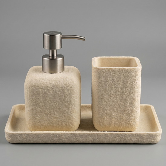Juego de baño Stone marfil con dispensador, vaso y bandeja-marfil